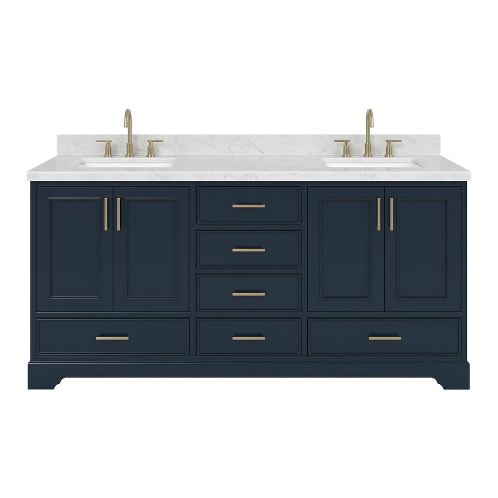 DKB Isabella 72" Oak Double Bathroom Vanity with Sink, 1.5" Carrara White Marble Countertop, Rectangle Undermount Sinks, 4 Soft Closing Doors, 6 Dovetail Drawers