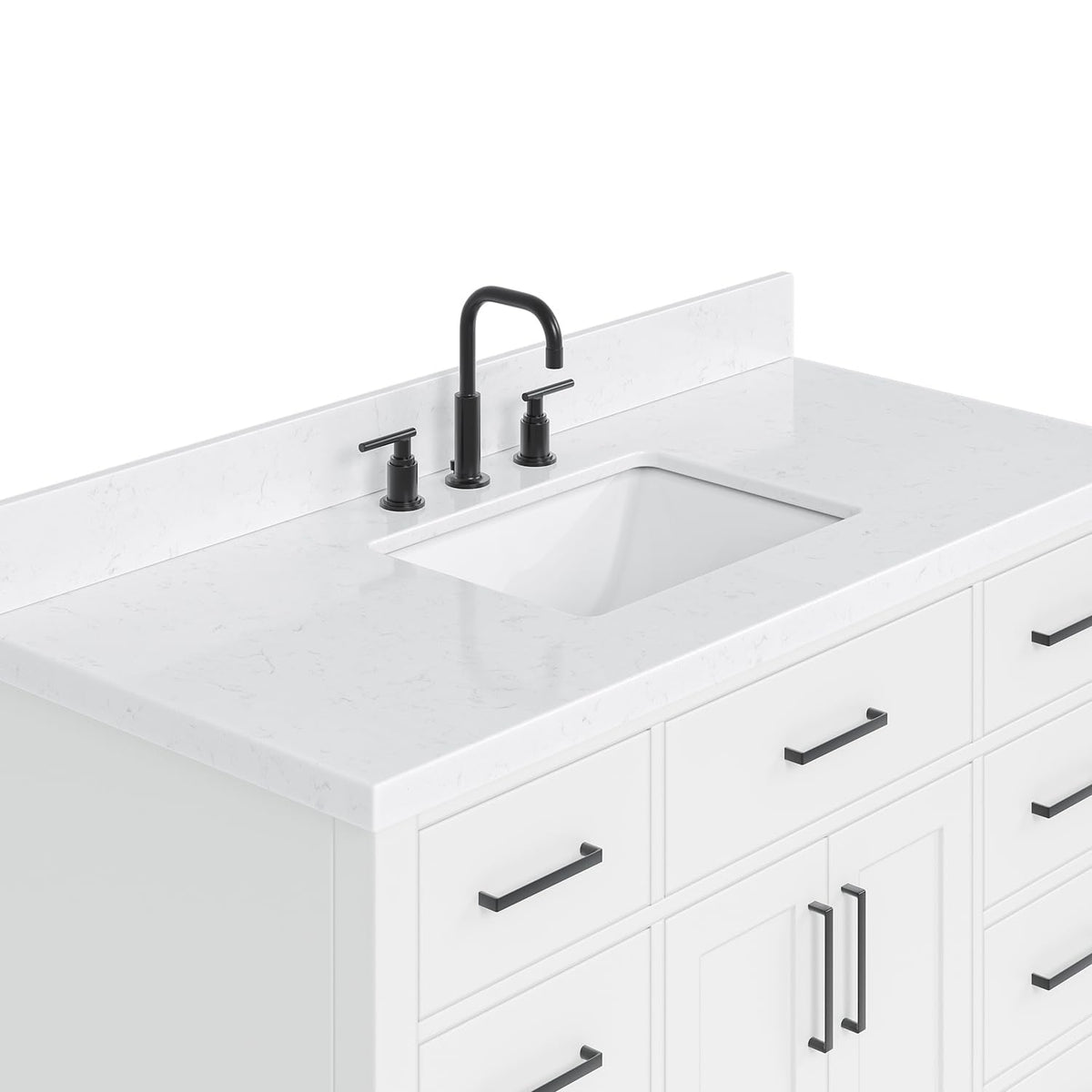 DKB Emilia 48-Inch Bathroom Vanity with Sink â Midnight Blue Single Sink Bathroom Vanity, 1.5" Edge Carrara Quartz Countertop, Solid Wood, 2 Soft Closing Doors, 9 Dovetail Drawers