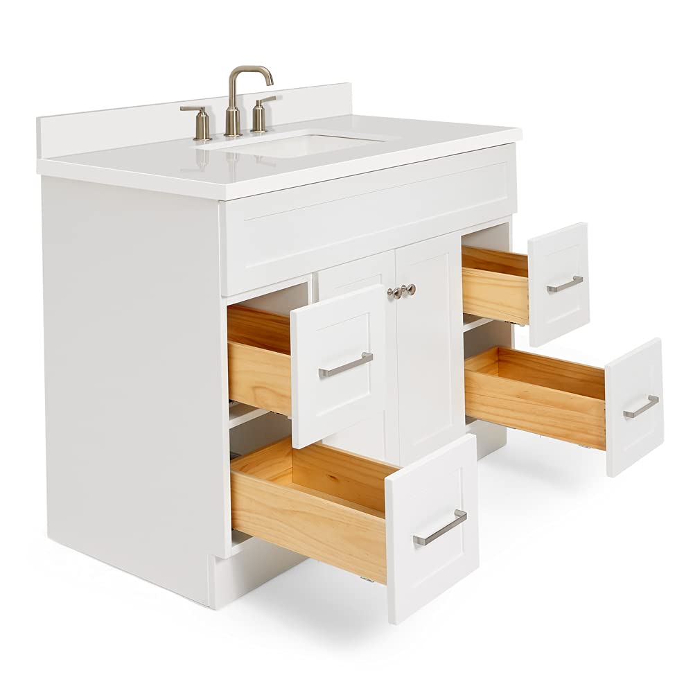 DKB Beckford 42-Inch White Bathroom Vanity with Sink, Solid Wood Base Cabinet, 1.5" White Quartz Countertop, Rectangular Sink, 2 Soft Closing Doors, 9 Drawers