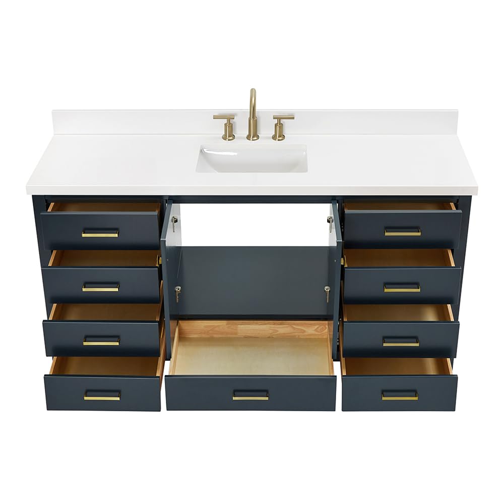 ARIEL Cambridge 66-inch Bathroom Vanity with Sink,Solid Wood, 1.5-inch Italian Carrara Marble Countertop, Single Rectangular Porcelain Sink, 2 Soft Closing Doors, 9 Dovetail Drawers, Midnight Blue