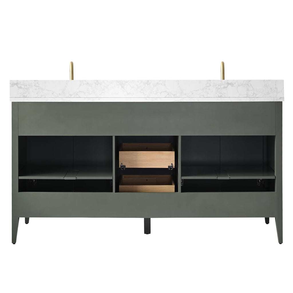 Vanity Art 84 inch Bathroom Vanity with Double Sink & Ceramic Top, Vanity Cabinet with Soft-Closing Door, Solid Wood Frame, Linear Pattern, Walnut, Golden Brushed Handware,Vintage Green