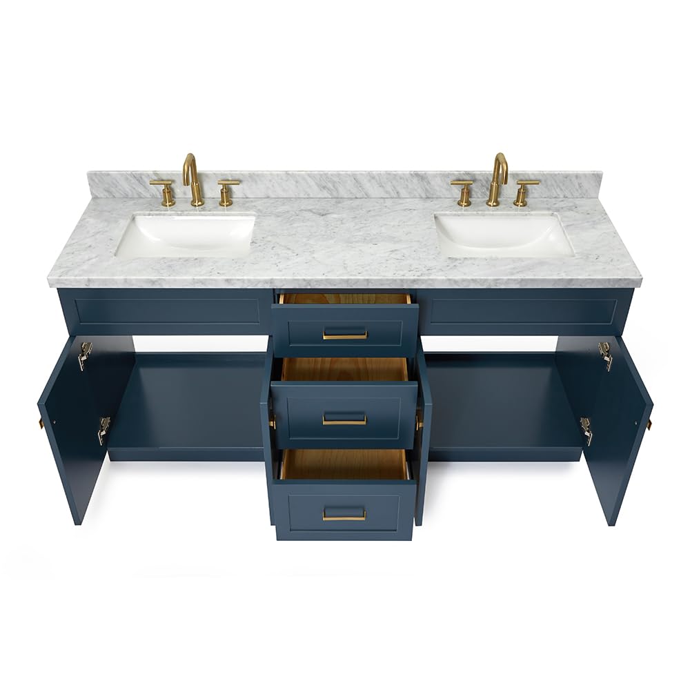 DKB Isabella 72" Oak Double Bathroom Vanity with Sink, 1.5" Carrara White Marble Countertop, Rectangle Undermount Sinks, 4 Soft Closing Doors, 6 Dovetail Drawers