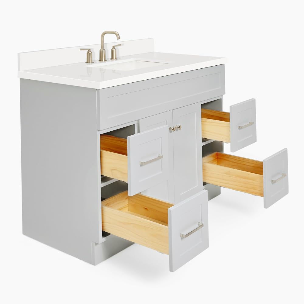 DKB Beckford 42-Inch White Bathroom Vanity with Sink, Solid Wood Base Cabinet, 1.5" White Quartz Countertop, Rectangular Sink, 2 Soft Closing Doors, 9 Drawers