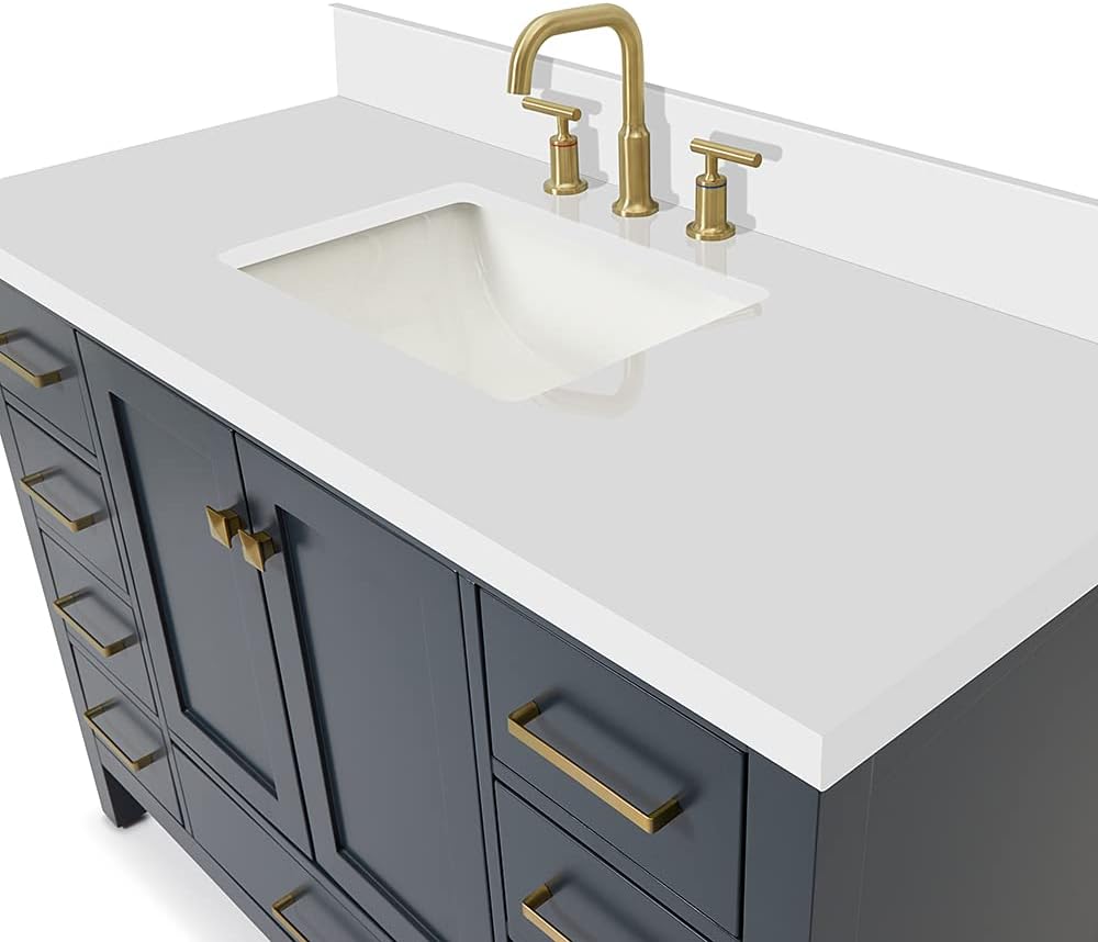 ARIEL Cambridge 48-inch Bathroom Vanity with Sink,Solid Wood, 1.5-inch Pure White Quartz Countertop, Single Rectangular Porcelain Sink, 2 Soft Closing Doors, 9 Dovetail Drawers, Midnight Blue