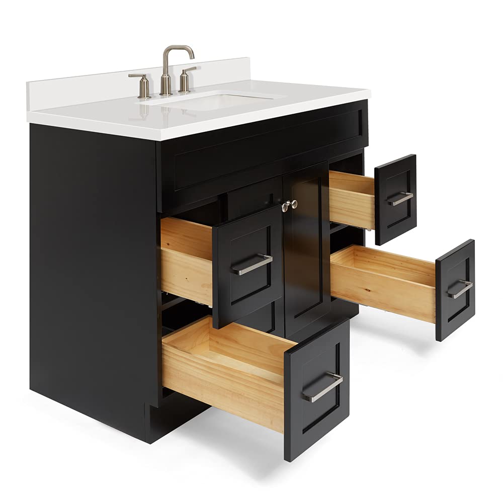 DKB Beckford 42-Inch White Bathroom Vanity with Sink, Solid Wood Base Cabinet, 1.5" White Quartz Countertop, Rectangular Sink, 2 Soft Closing Doors, 9 Drawers