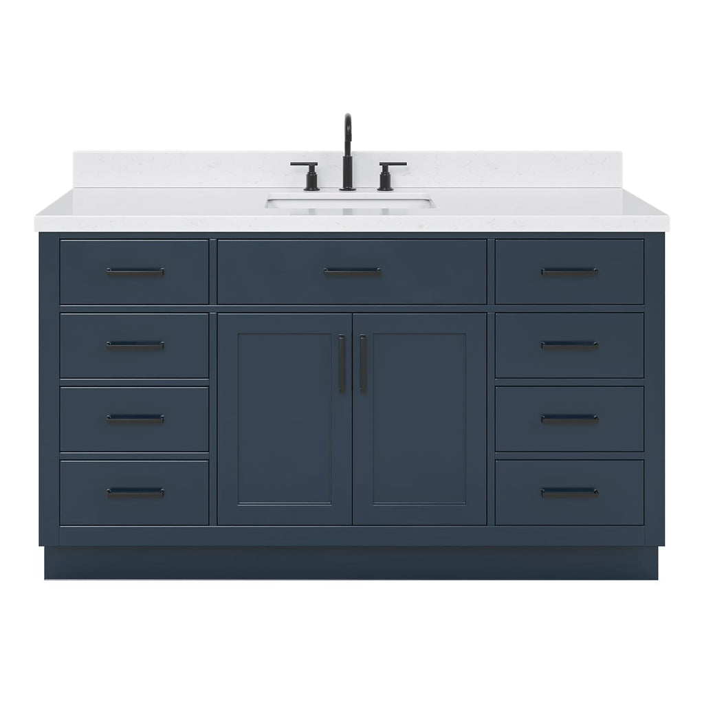 ARIEL Hepburn 60-inch Bathroom Vanity with Sink,Solid Wood, 1.5-inch Carrara White Quartz Countertop & Backsplash, Single Rectangular Porcelain Sink, 2 Soft Closing Doors, 9 Dovetail Drawers, Black