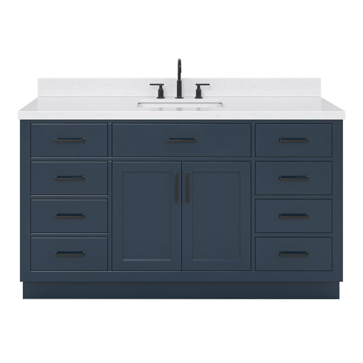 ARIEL Hepburn 60-inch Bathroom Vanity with Sink,Solid Wood, 1.5-inch Carrara White Quartz Countertop & Backsplash, Single Rectangular Porcelain Sink, 2 Soft Closing Doors, 9 Dovetail Drawers, Black