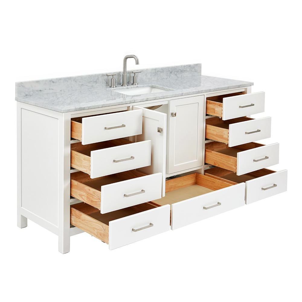 ARIEL Cambridge 66-inch Bathroom Vanity with Sink,Solid Wood, 1.5-inch Italian Carrara Marble Countertop, Single Rectangular Porcelain Sink, 2 Soft Closing Doors, 9 Dovetail Drawers, Midnight Blue