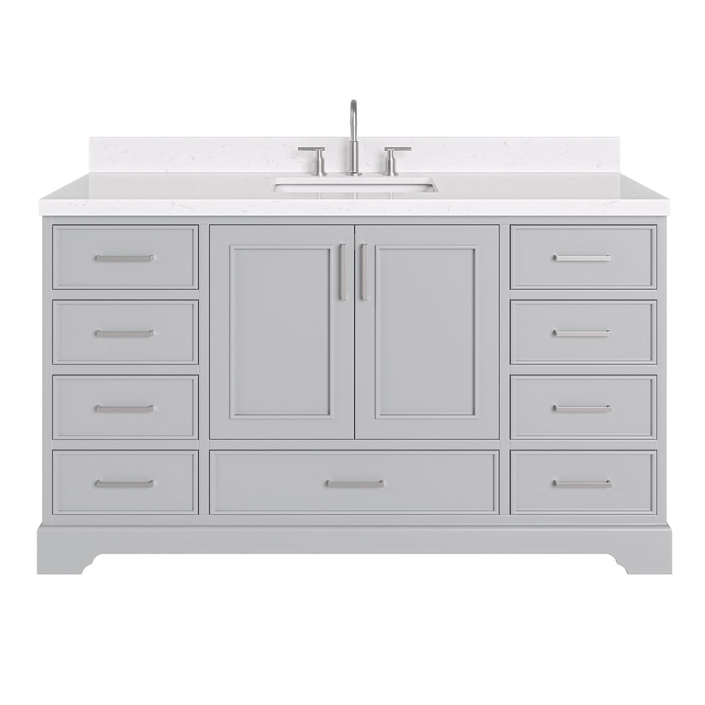 DKB Isabella 60 Inch Bathroom Vanity Single Sink â White Bathroom Vanity with Sink, 1.5" Edge Carrara White Quartz Countertop, Solid Wood, 2 Soft-Close Doors, 8 Dovetail Drawers + Tilt Drawer