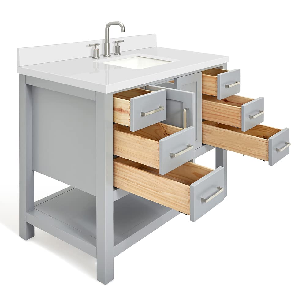 DKB Beckford 42-Inch White Bathroom Vanity with Sink, Solid Wood Base Cabinet, 1.5" White Quartz Countertop, Rectangular Sink, 2 Soft Closing Doors, 9 Drawers