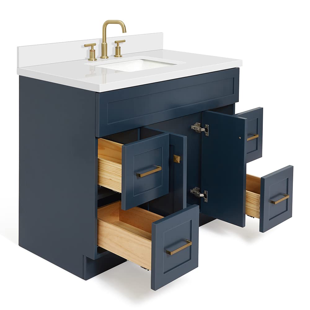 DKB Beckford 42-Inch White Bathroom Vanity with Sink, Solid Wood Base Cabinet, 1.5" White Quartz Countertop, Rectangular Sink, 2 Soft Closing Doors, 9 Drawers