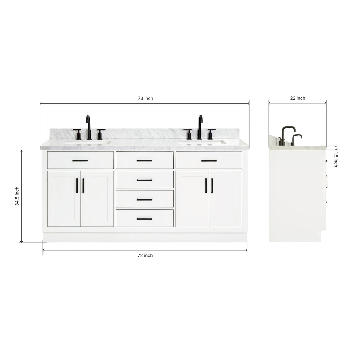 DKB Isabella 72" Oak Double Bathroom Vanity with Sink, 1.5" Carrara White Marble Countertop, Rectangle Undermount Sinks, 4 Soft Closing Doors, 6 Dovetail Drawers