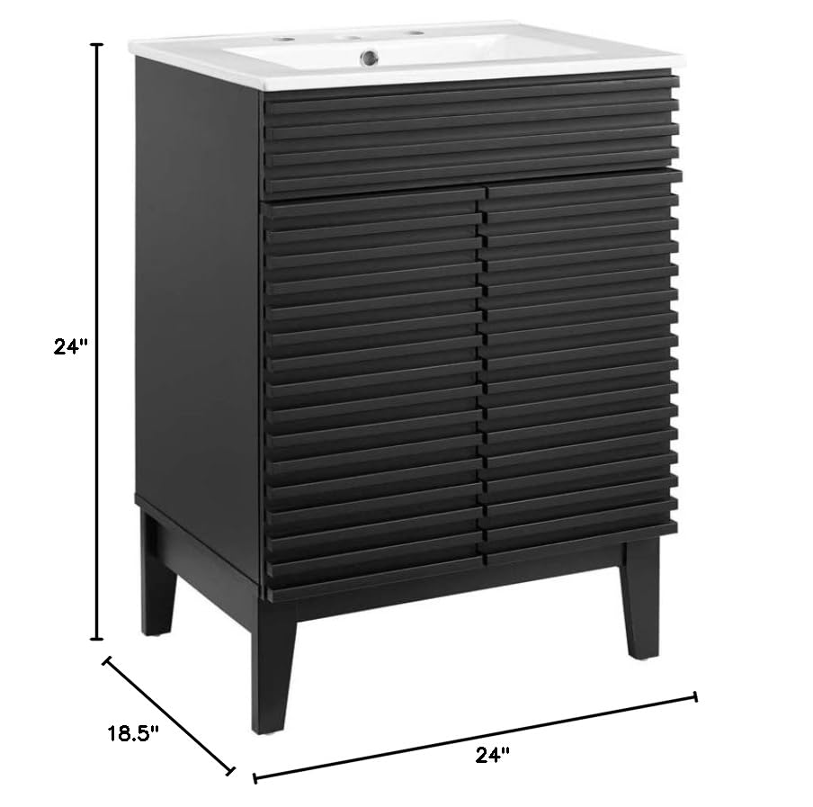 Modway Render Mid-Century Bathroom Vanity With Sink in Walnut White,24 Inch