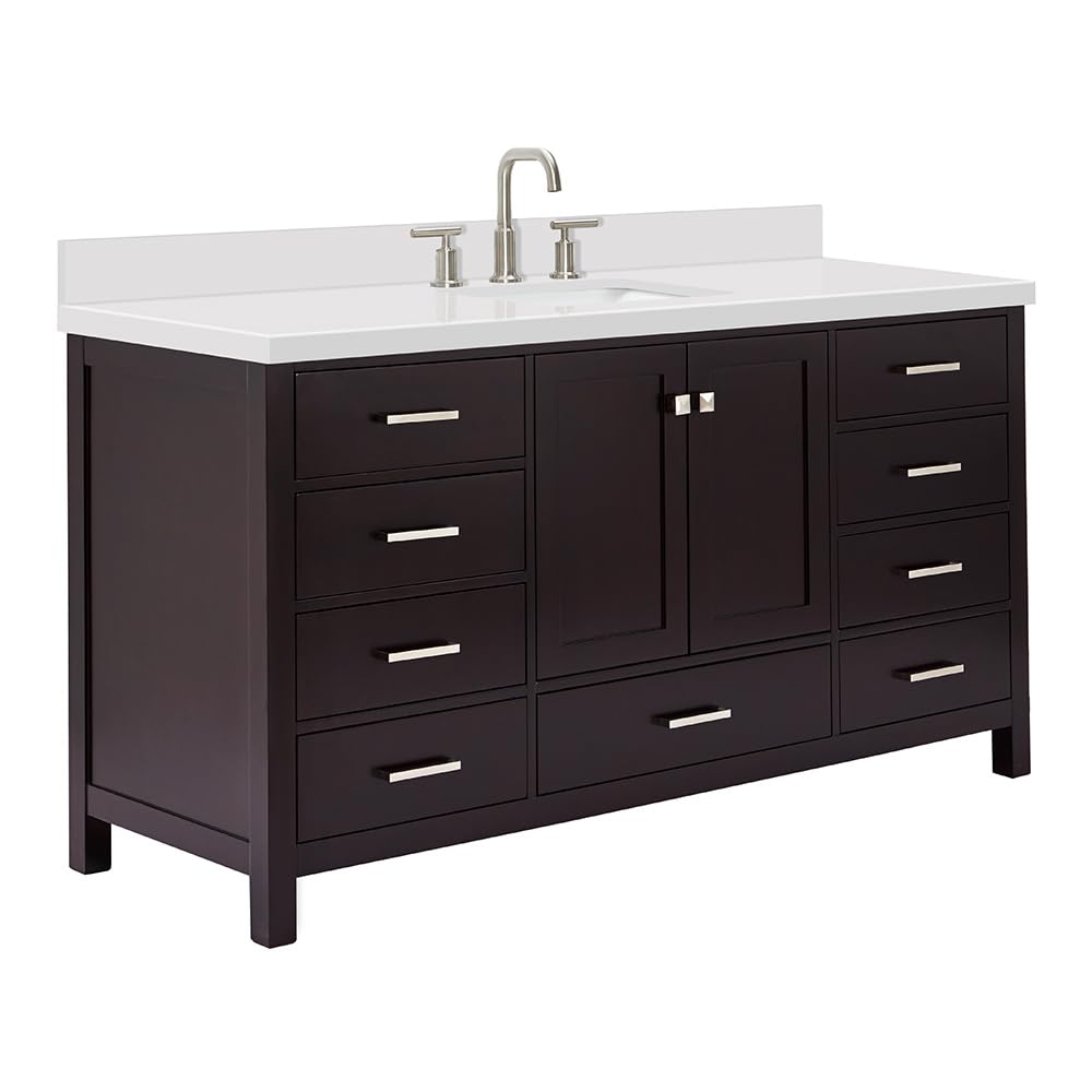ARIEL Cambridge 66-inch Bathroom Vanity with Sink,Solid Wood, 1.5-inch Italian Carrara Marble Countertop, Single Rectangular Porcelain Sink, 2 Soft Closing Doors, 9 Dovetail Drawers, Midnight Blue
