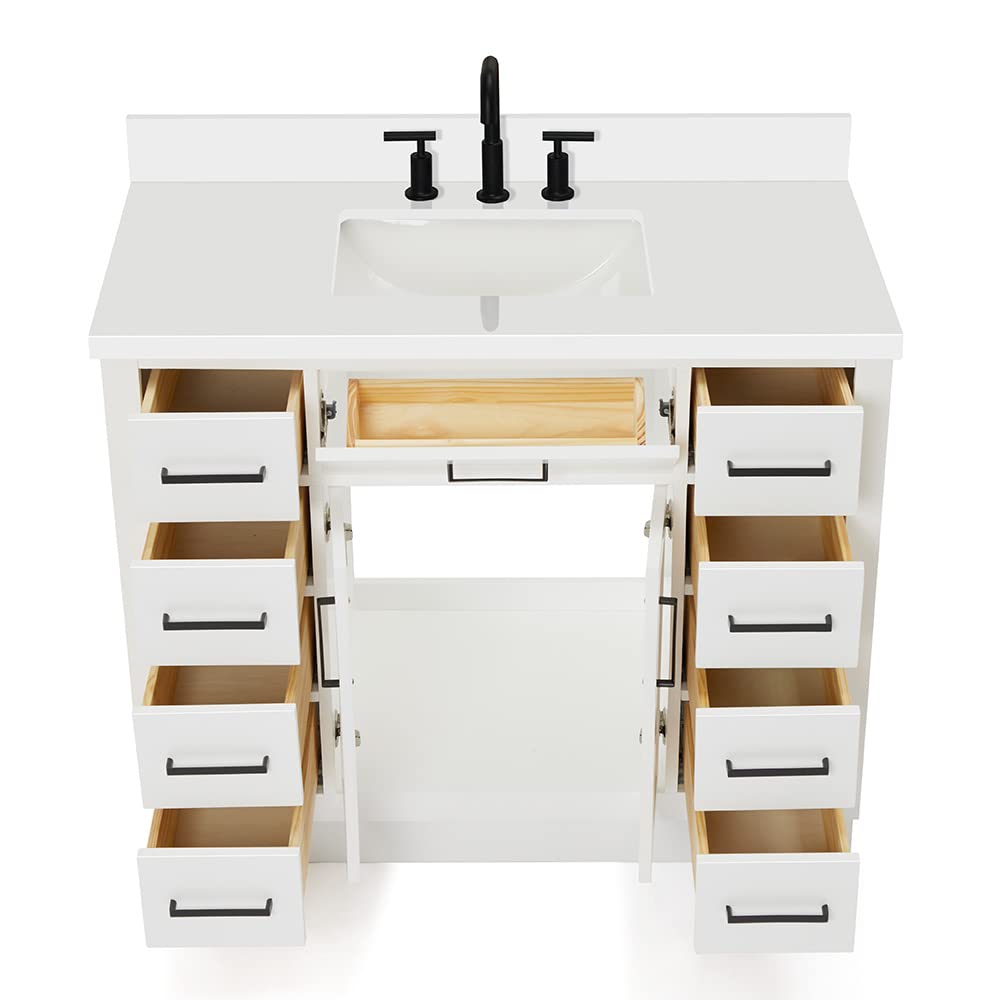 DKB Beckford 42-Inch White Bathroom Vanity with Sink, Solid Wood Base Cabinet, 1.5" White Quartz Countertop, Rectangular Sink, 2 Soft Closing Doors, 9 Drawers