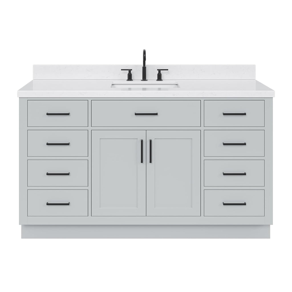 ARIEL Hepburn 66-inch Bathroom Vanity with Sink,Solid Wood, 1.5-inch Pure White Quartz Countertop & Backsplash, Single Rectangular Porcelain Sink, 2 Soft Closing Doors, 9 Dovetail Drawers, White