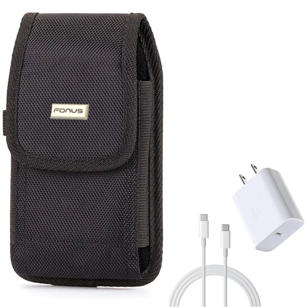 6ft USB-C Cable PD Type-C 18W Fast Home Charger w Holster Rugged Case Belt Clip for K92 5G, Harmony 4 - Lively Jitterbug Smart3 - Motorola One Zoom, Moto Z4 Z3 Play Z2 Play Force