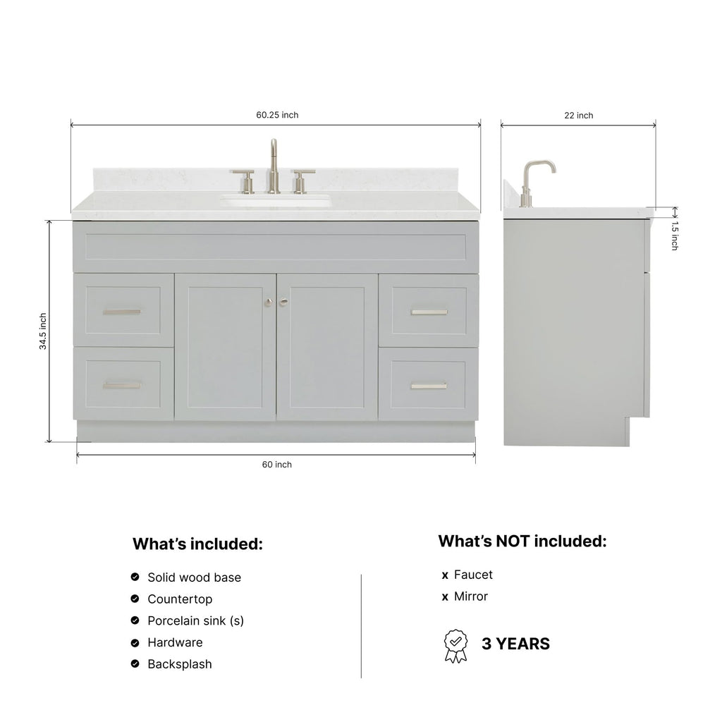 DKB Isabella 60 Inch Bathroom Vanity Single Sink â White Bathroom Vanity with Sink, 1.5" Edge Carrara White Quartz Countertop, Solid Wood, 2 Soft-Close Doors, 8 Dovetail Drawers + Tilt Drawer