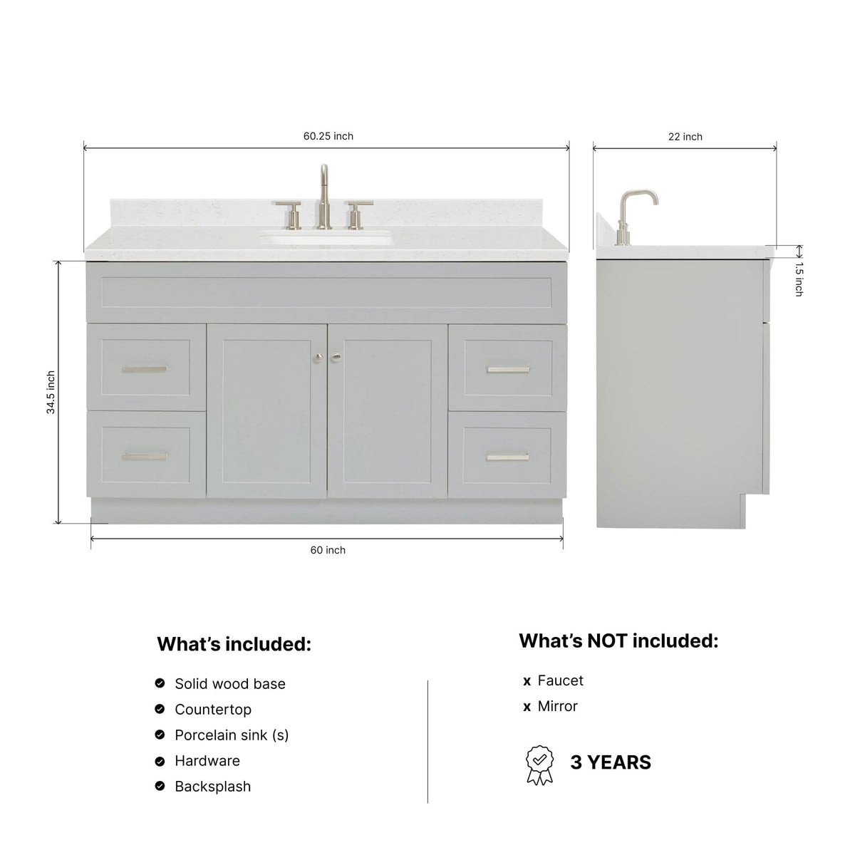 DKB Isabella 60 Inch Bathroom Vanity Single Sink â White Bathroom Vanity with Sink, 1.5" Edge Carrara White Quartz Countertop, Solid Wood, 2 Soft-Close Doors, 8 Dovetail Drawers + Tilt Drawer