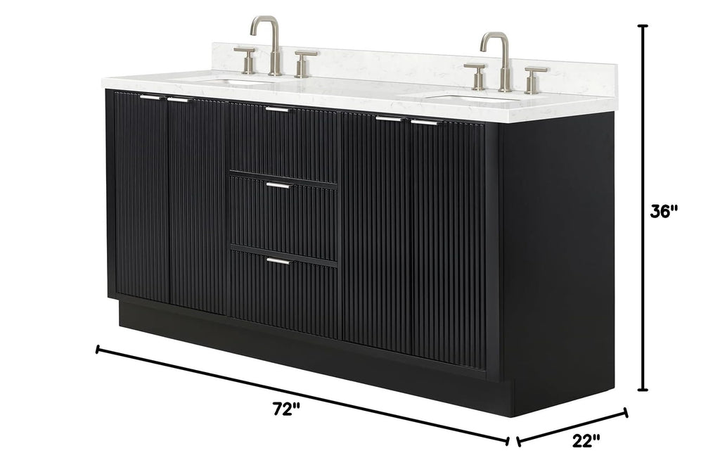 DKB Emilia 72 Inch Bathroom Vanity Double Sink â White Bathroom Vanity with Sink, 1.5" Edge Carrara White Quartz Countertop & Backsplash, 4 Soft-Close Doors, and 6 Dovetail Drawers