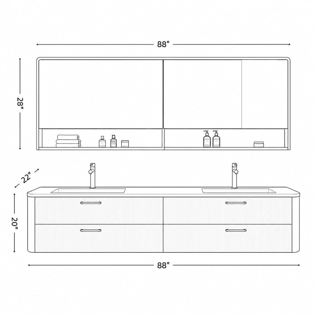 96 in Floating Double Bathroom Vanity with Sinks & LED Mirrors
