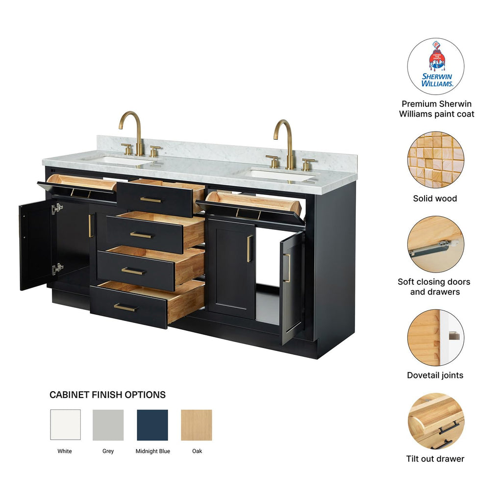 DKB Isabella 72" Oak Double Bathroom Vanity with Sink, 1.5" Carrara White Marble Countertop, Rectangle Undermount Sinks, 4 Soft Closing Doors, 6 Dovetail Drawers