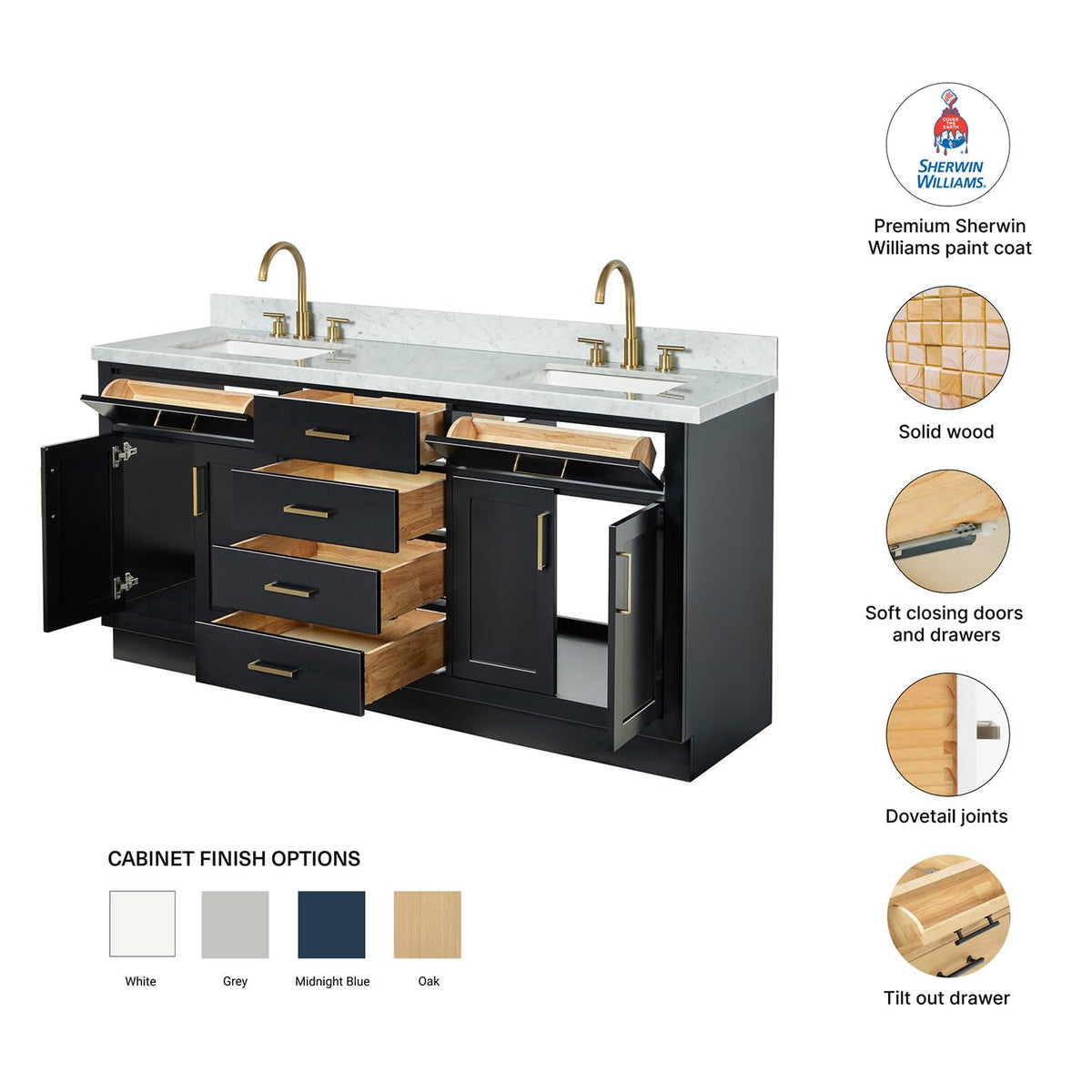 DKB Isabella 72" Oak Double Bathroom Vanity with Sink, 1.5" Carrara White Marble Countertop, Rectangle Undermount Sinks, 4 Soft Closing Doors, 6 Dovetail Drawers