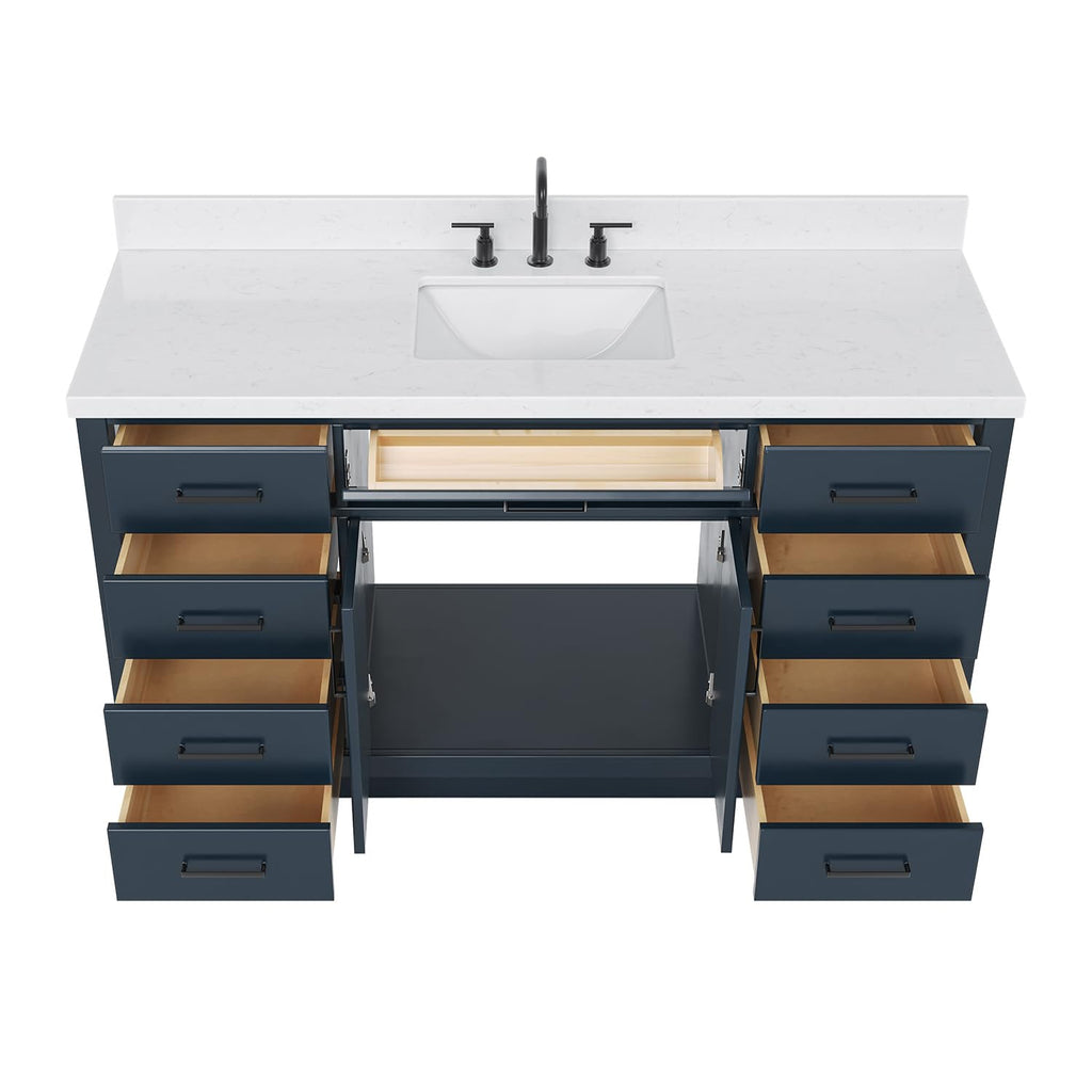 DKB Isabella 60 Inch Bathroom Vanity Single Sink â White Bathroom Vanity with Sink, 1.5" Edge Carrara White Quartz Countertop, Solid Wood, 2 Soft-Close Doors, 8 Dovetail Drawers + Tilt Drawer