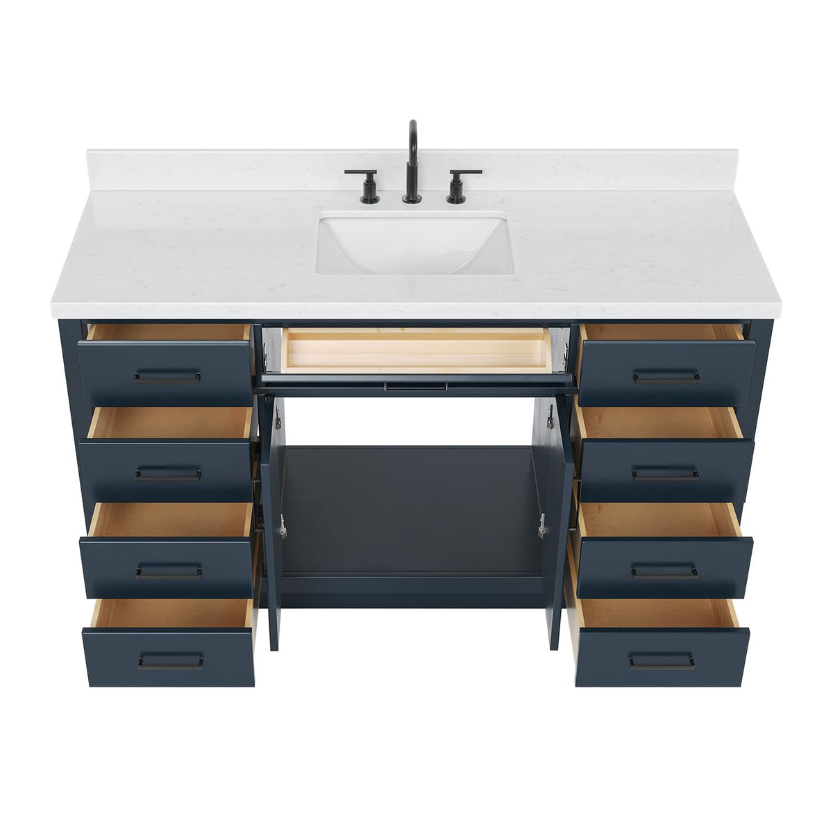 ARIEL Hepburn 60-inch Bathroom Vanity with Sink,Solid Wood, 1.5-inch Carrara White Quartz Countertop & Backsplash, Single Rectangular Porcelain Sink, 2 Soft Closing Doors, 9 Dovetail Drawers, Black