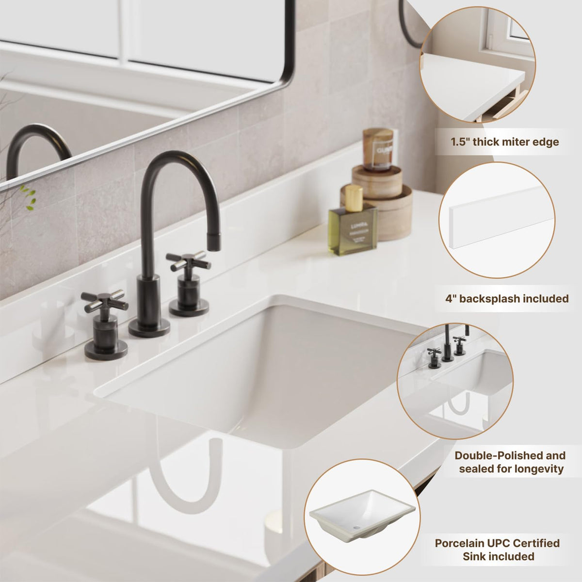 DKB Beckford 42-Inch White Bathroom Vanity with Sink, Solid Wood Base Cabinet, 1.5" White Quartz Countertop, Rectangular Sink, 2 Soft Closing Doors, 9 Drawers