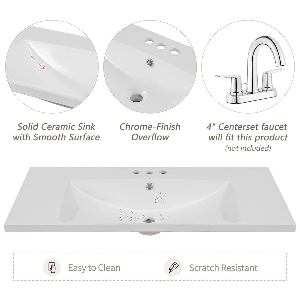 36 Inch Bathroom Vanities with Undermount Ceramic Sink, Storage Cabinet with Soft Closing Doors and Three Drawers, Solid Wood Frame, Natural Wood