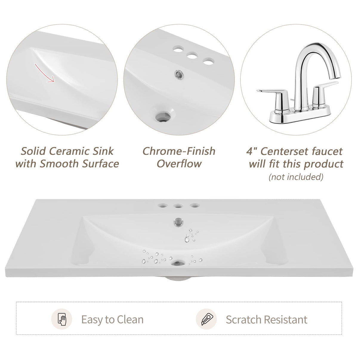 36 Inch Bathroom Vanities with Undermount Ceramic Sink, Storage Cabinet with Soft Closing Doors and Three Drawers, Solid Wood Frame, Natural Wood