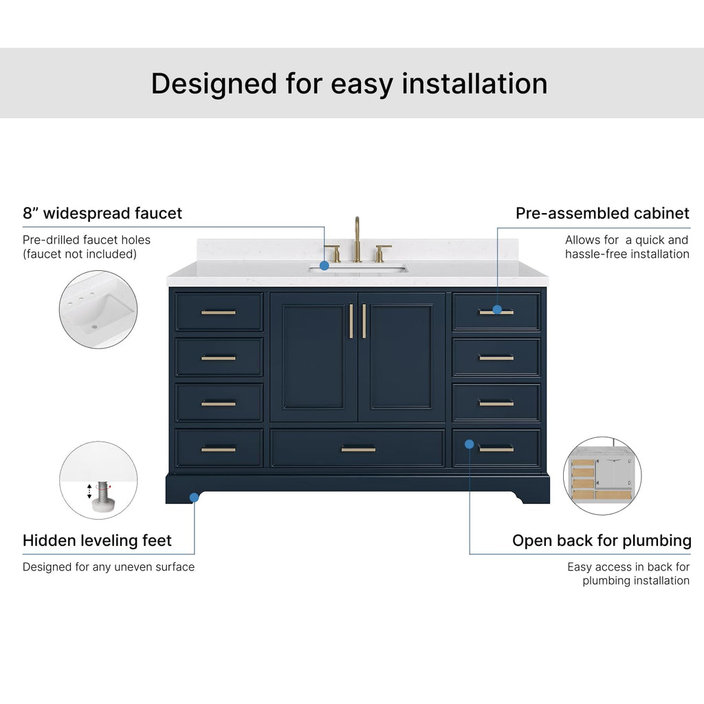 DKB Isabella 60 Inch Bathroom Vanity Single Sink â White Bathroom Vanity with Sink, 1.5" Edge Carrara White Quartz Countertop, Solid Wood, 2 Soft-Close Doors, 8 Dovetail Drawers + Tilt Drawer
