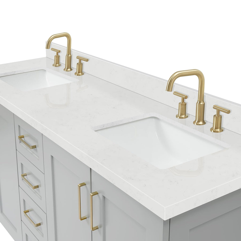DKB Emilia 72 Inch Bathroom Vanity Double Sink â White Bathroom Vanity with Sink, 1.5" Edge Carrara White Quartz Countertop & Backsplash, 4 Soft-Close Doors, and 6 Dovetail Drawers