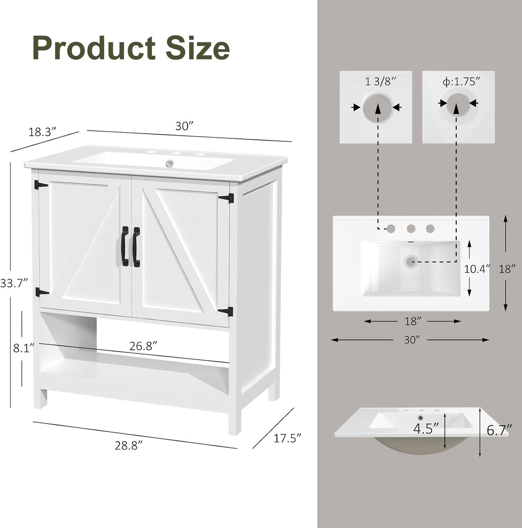 30" Bathroom Vanity with Sink, Modern Bathroom Cabinet, White