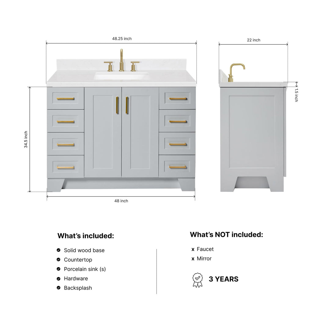 DKB Emilia 48-Inch Bathroom Vanity with Sink â Midnight Blue Single Sink Bathroom Vanity, 1.5" Edge Carrara Quartz Countertop, Solid Wood, 2 Soft Closing Doors, 9 Dovetail Drawers