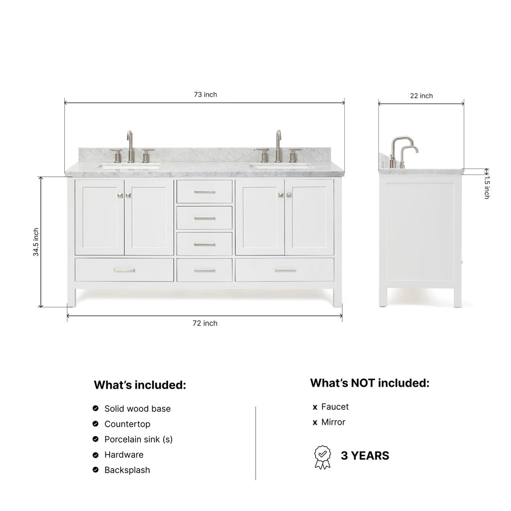 DKB Isabella 72" Oak Double Bathroom Vanity with Sink, 1.5" Carrara White Marble Countertop, Rectangle Undermount Sinks, 4 Soft Closing Doors, 6 Dovetail Drawers