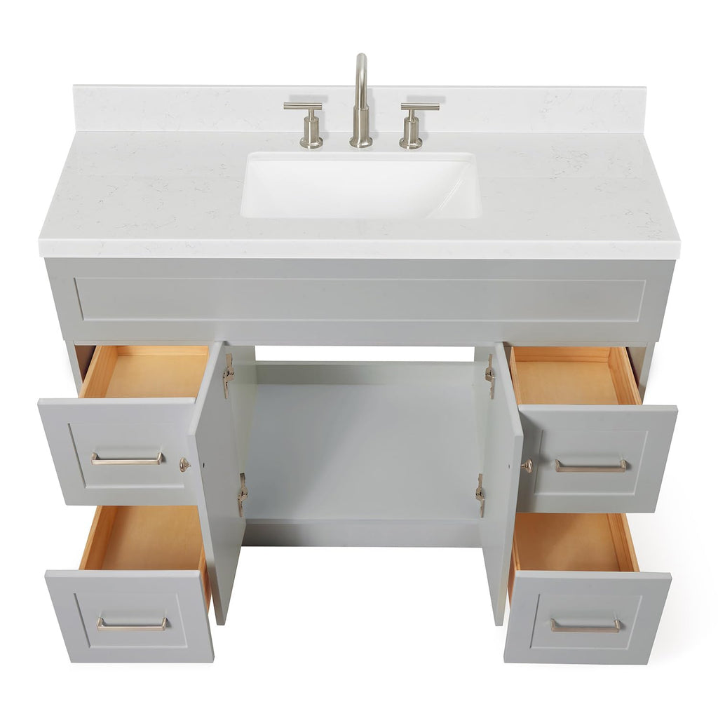 DKB Emilia 48-Inch Bathroom Vanity with Sink â Midnight Blue Single Sink Bathroom Vanity, 1.5" Edge Carrara Quartz Countertop, Solid Wood, 2 Soft Closing Doors, 9 Dovetail Drawers