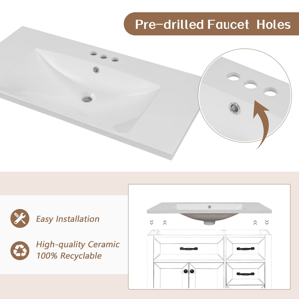 36 Inch Bathroom Vanities with Undermount Ceramic Sink, Storage Cabinet with Soft Closing Doors and Three Drawers, Solid Wood Frame, Natural Wood