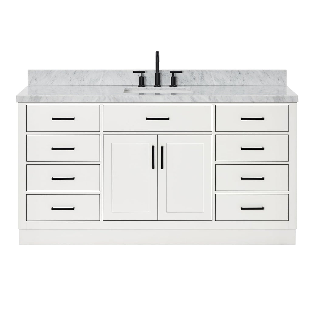 ARIEL Hepburn 66-inch Bathroom Vanity with Sink,Solid Wood, 1.5-inch Pure White Quartz Countertop & Backsplash, Single Rectangular Porcelain Sink, 2 Soft Closing Doors, 9 Dovetail Drawers, White