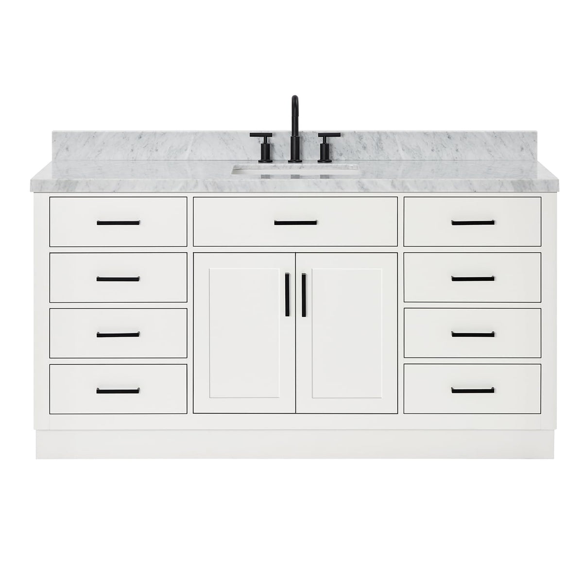 ARIEL Hepburn 66-inch Bathroom Vanity with Sink,Solid Wood, 1.5-inch Pure White Quartz Countertop & Backsplash, Single Rectangular Porcelain Sink, 2 Soft Closing Doors, 9 Dovetail Drawers, White