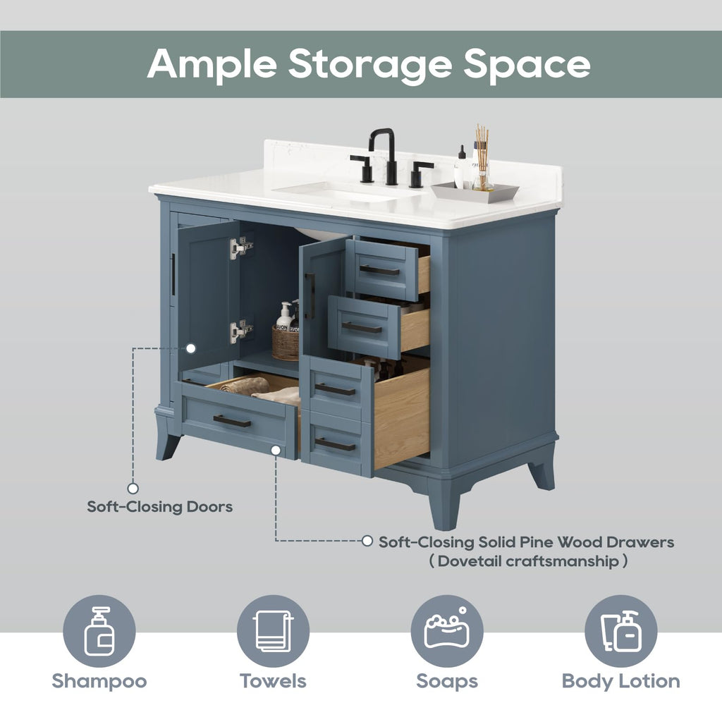 42 Inch Bathroom Vanity with Sink, Pre Assembled, White
