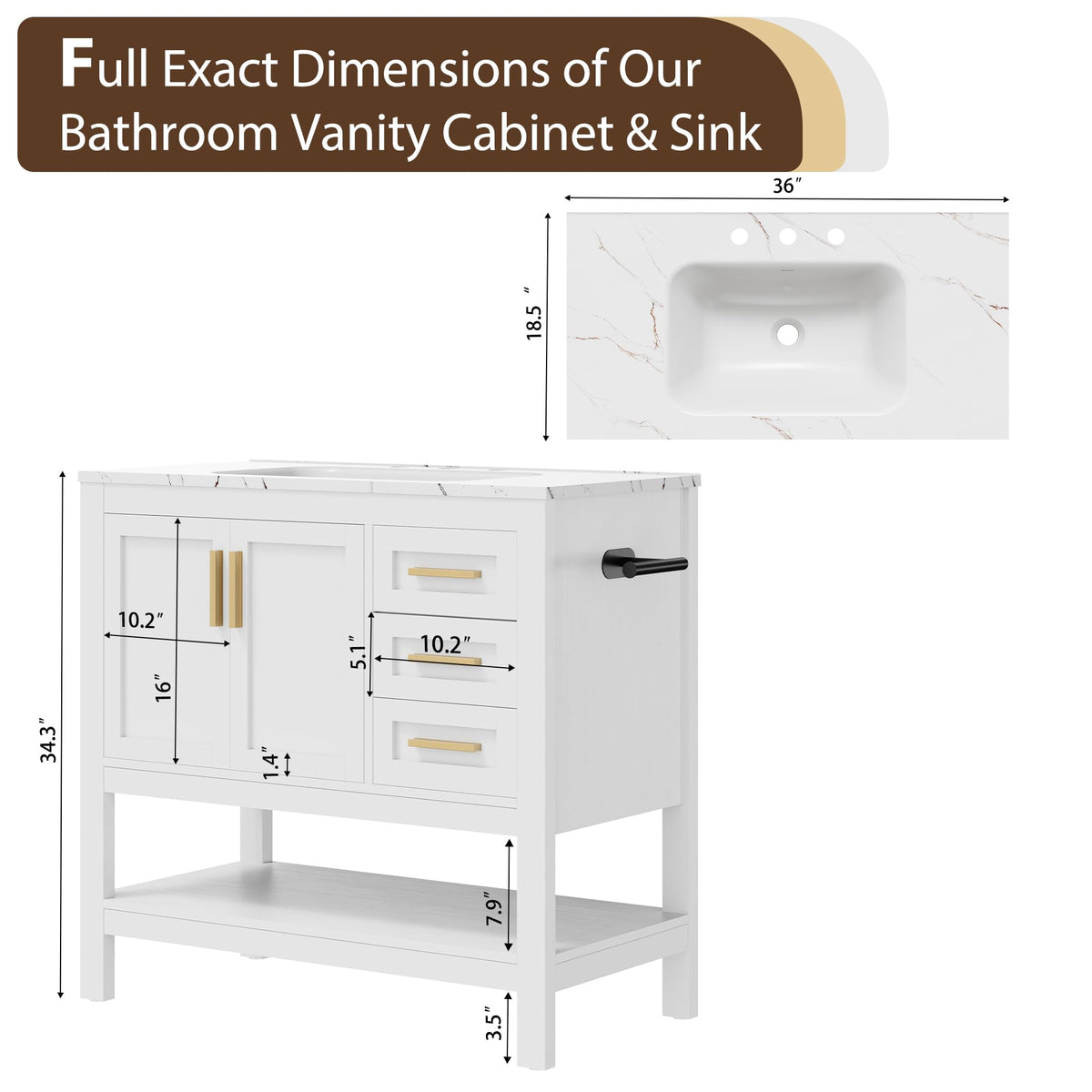 36 Inch Bathroom Vanity with Sink, Saw Cut Brown