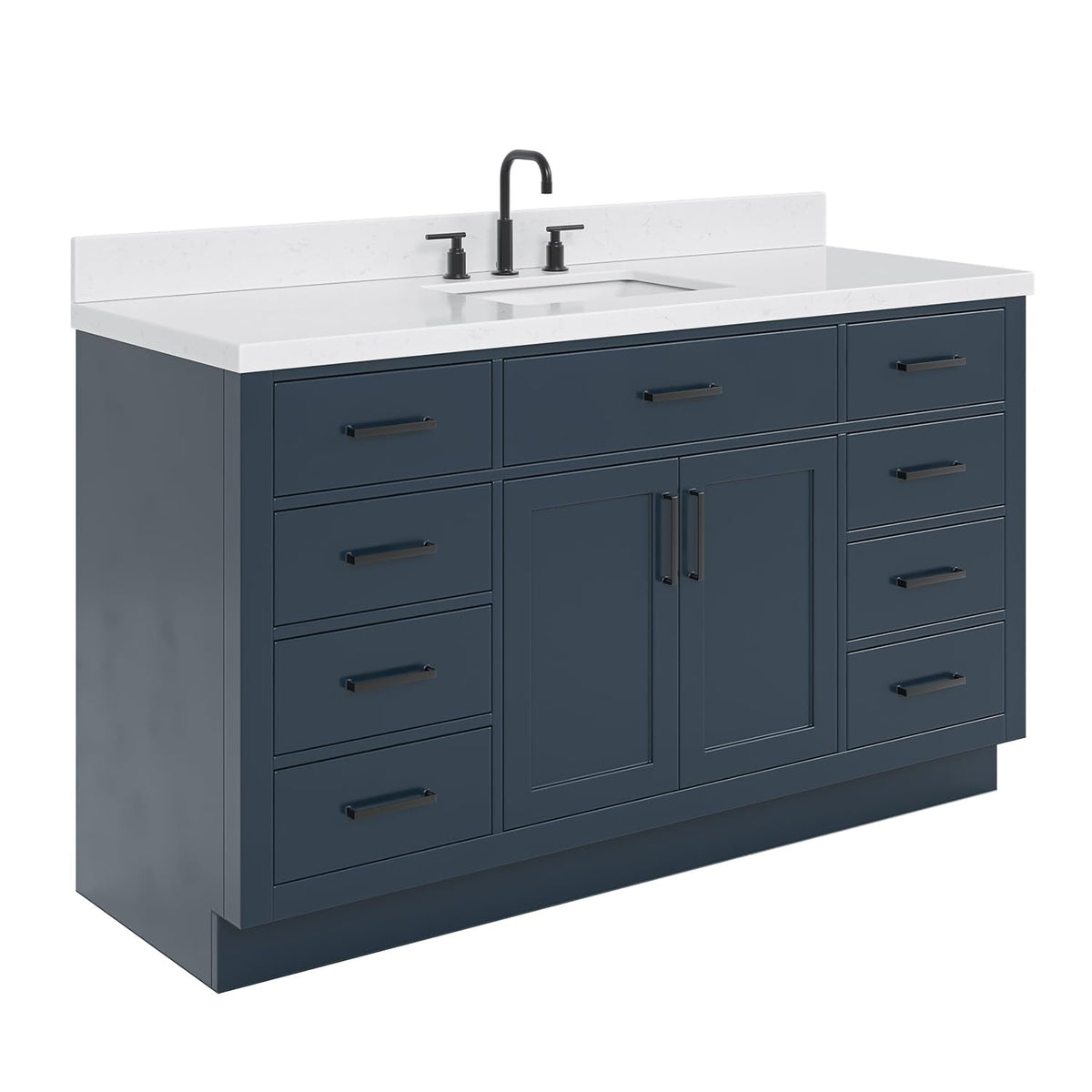 ARIEL Hepburn 60-inch Bathroom Vanity with Sink,Solid Wood, 1.5-inch Carrara White Quartz Countertop & Backsplash, Single Rectangular Porcelain Sink, 2 Soft Closing Doors, 9 Dovetail Drawers, Black