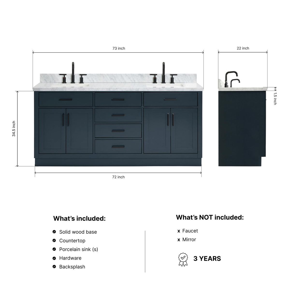 DKB Isabella 72" Oak Double Bathroom Vanity with Sink, 1.5" Carrara White Marble Countertop, Rectangle Undermount Sinks, 4 Soft Closing Doors, 6 Dovetail Drawers