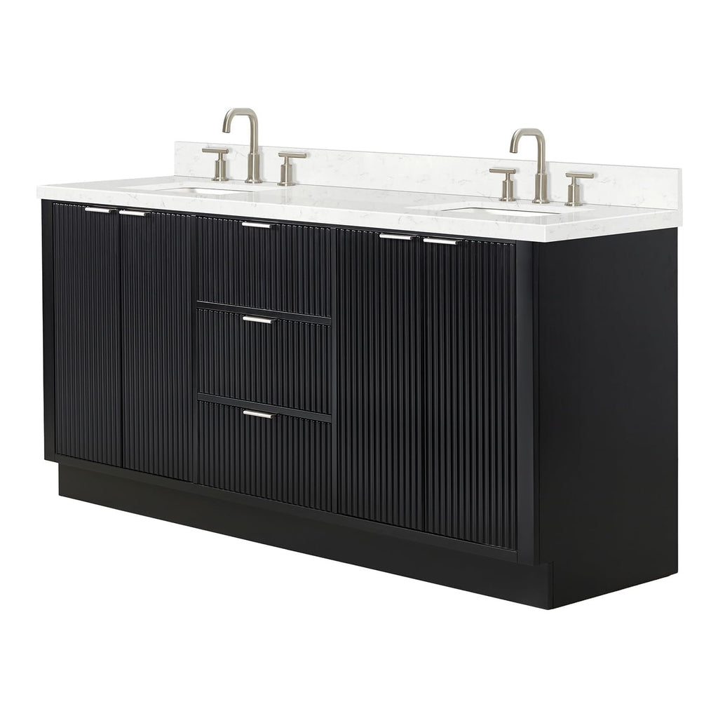 DKB Emilia 72 Inch Bathroom Vanity Double Sink â White Bathroom Vanity with Sink, 1.5" Edge Carrara White Quartz Countertop & Backsplash, 4 Soft-Close Doors, and 6 Dovetail Drawers
