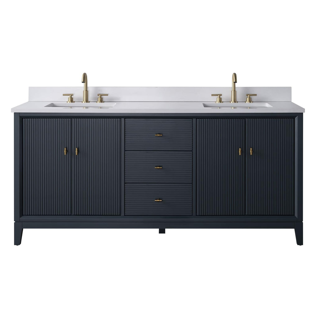 Vanity Art 72" Bathroom Vanity with Double Sink & Arabescato White Engineered Stone Top, Vanity Cabinet with Soft Closing Door, Solid Wood Frame, Golden Brushed Handles, Walnut VA8172D-Walnut-GB