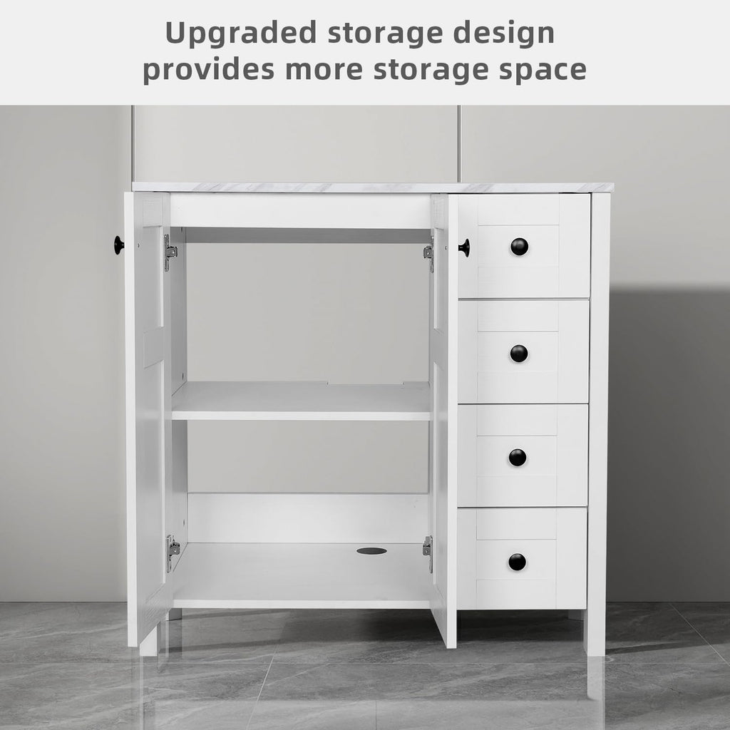 48" Bathroom Vanity with Sink, White Modern Freestanding Bathroom Vanity Cabinet with Marble Texture Top and 4 Drawers, Two Boat Ceramic Vessel Sinks