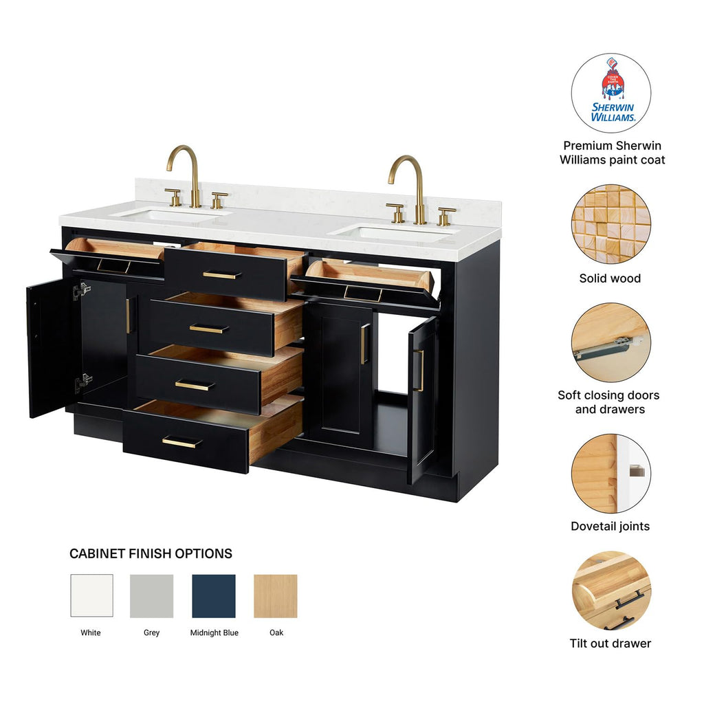 DKB Isabella 66" White Double Bathroom Vanity with 1.5" Carrara Quartz Countertop, Double Rectangular Undermount Sinks, 4 Soft Closing Doors, 6 Dovetail Drawers