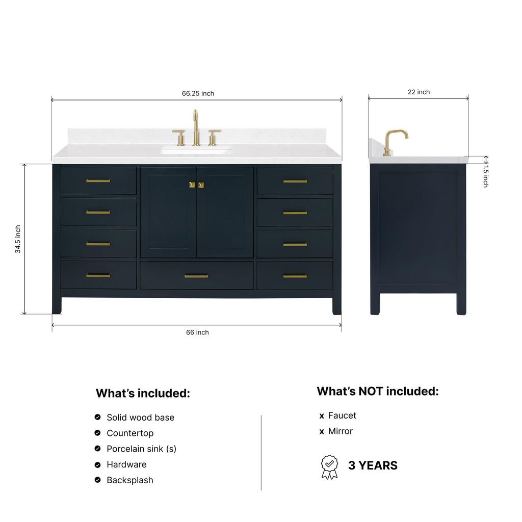 ARIEL Cambridge 66-inch Bathroom Vanity with Sink,Solid Wood, 1.5-inch Italian Carrara Marble Countertop, Single Rectangular Porcelain Sink, 2 Soft Closing Doors, 9 Dovetail Drawers, Midnight Blue